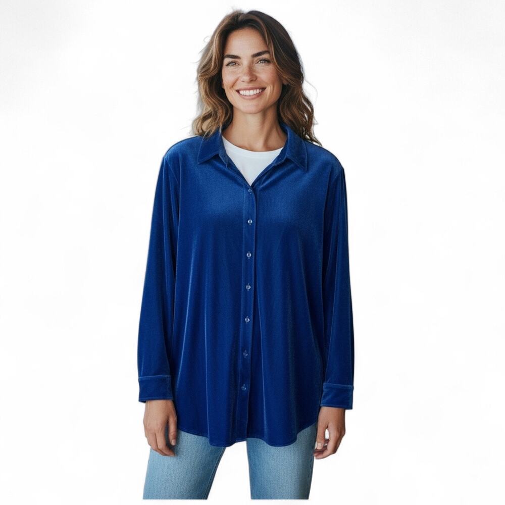 Soft Surroundings Blue Velvet Button Down Shirt Tunic Women’s Small